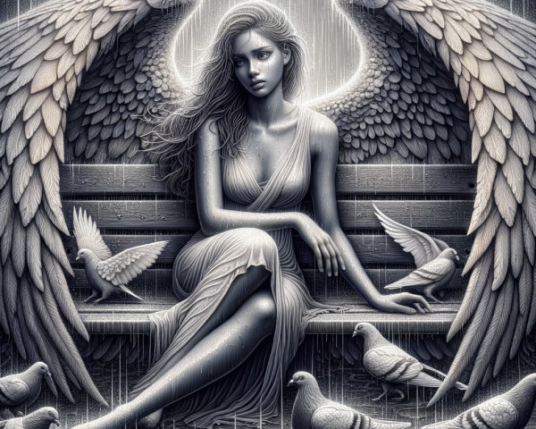 Ethereal figure with wings in serene grayscale scene