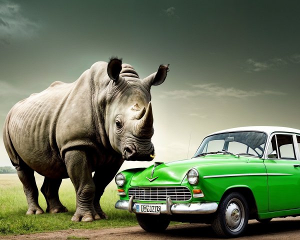 Vintage Green Car and Rhinoceros on Dirt Road