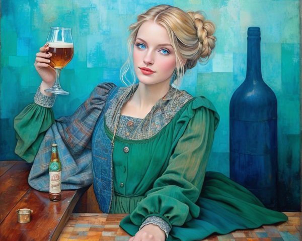 Young woman in green dress with beer at wooden table