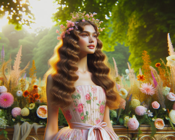 Woman in Floral Dress Surrounded by Vibrant Garden
