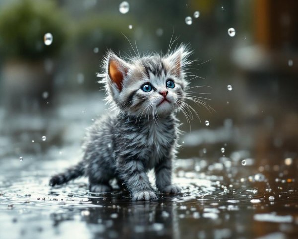 Fluffy Kitten with Blue Eyes in Rainy Puddle