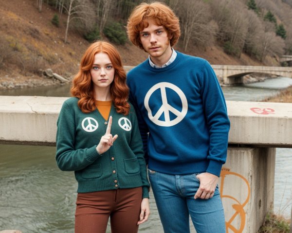 Young Couple by River in Stylish Casual Attire