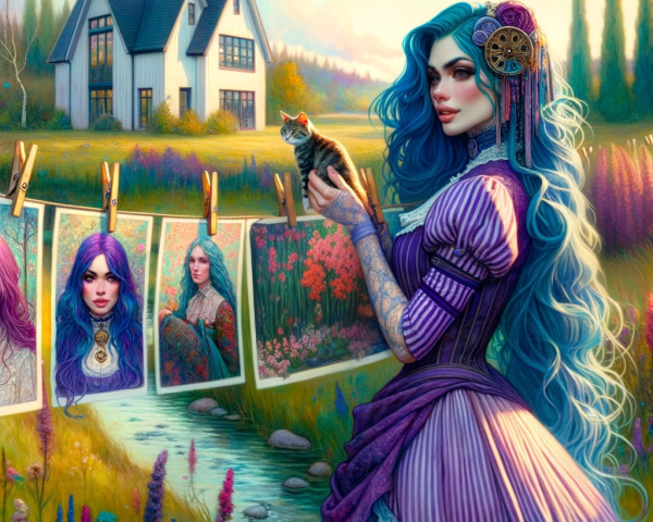 Whimsical Landscape with Blue-Haired Woman and Kitten