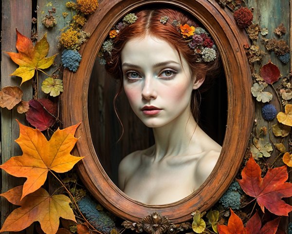 Serene Woman in Ornate Frame with Autumn Decor