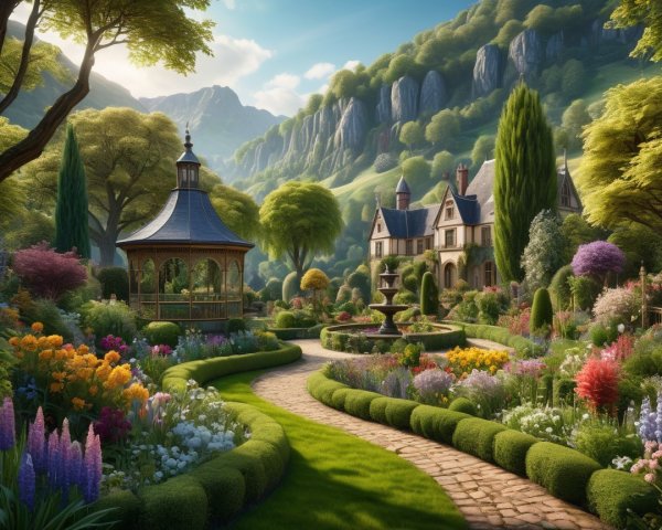 Charming Garden Scene with Gazebo and Vibrant Flowers