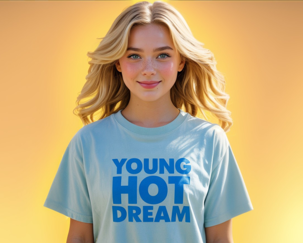 Young woman in blue t-shirt with vibrant background