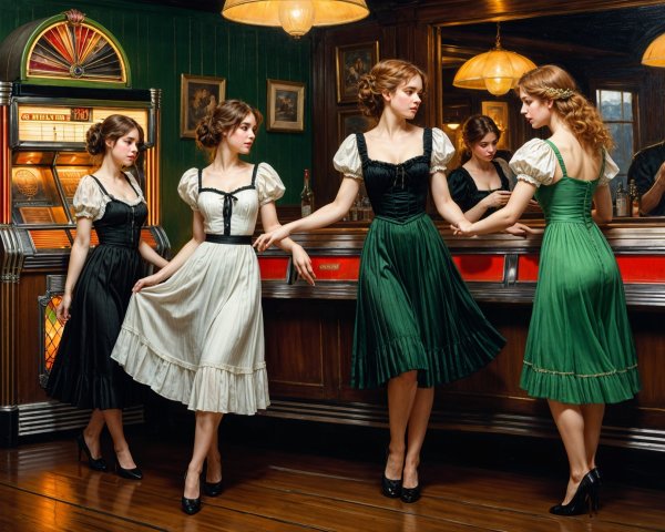 Vintage Bar Scene with Elegant Women in Period Dresses