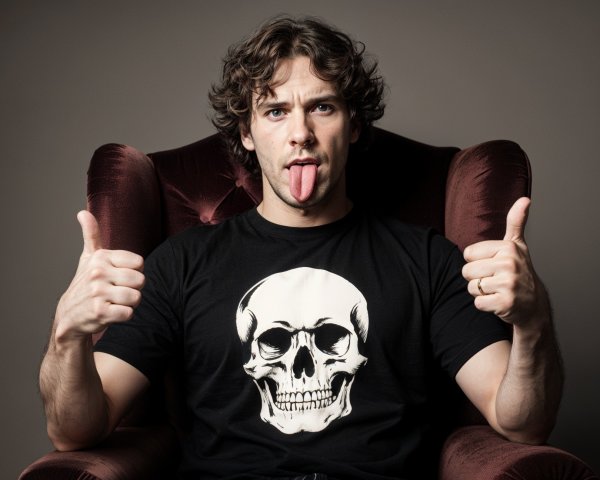 Man in Black T-Shirt Sits in Plush Red Armchair