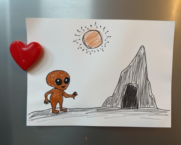 Cartoon Alien Illustration with Rocky Mountain Background