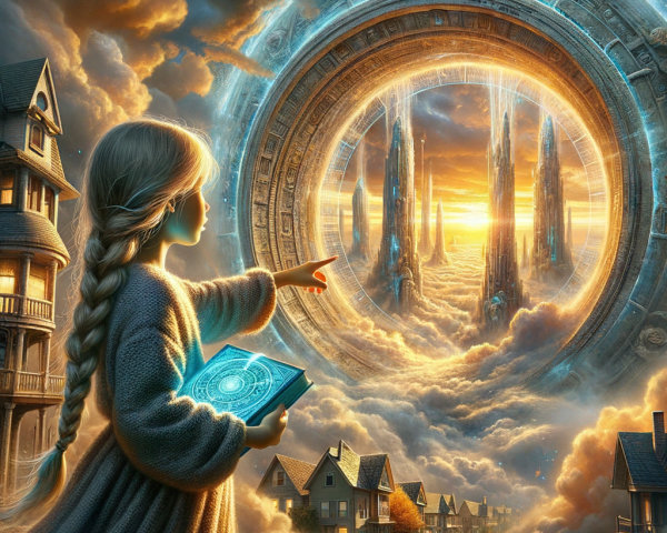Young girl in a dreamlike landscape with glowing portal