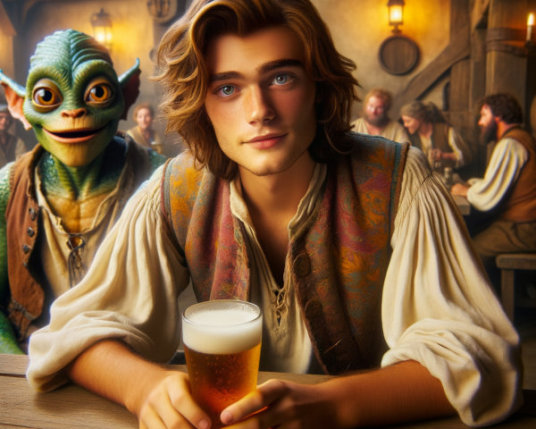 Young man and whimsical creature in cozy tavern scene