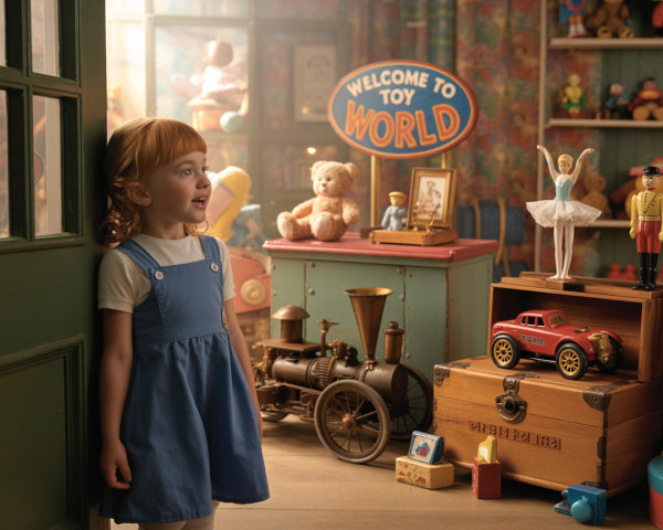 Young Girl in Colorful Vintage Toy Room