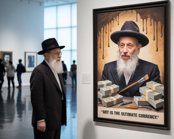 Modern Art Gallery Scene with Thoughtful Visitor