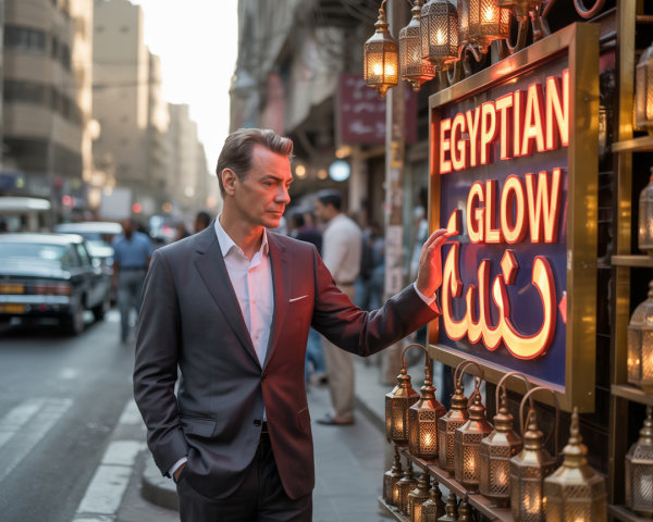 Man by "EGYPTIAN GLOW" Sign in Urban Scene