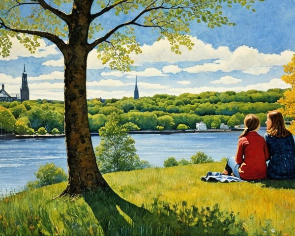 Serene Riverbank Scene with Autumn Foliage and Trees
