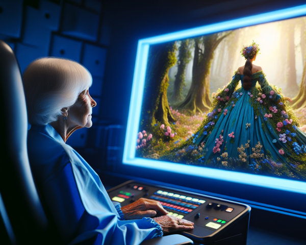 Elderly Woman Observes Animated Scene in Control Room