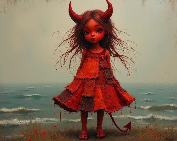 Whimsical Character on Beach with Devilish Charm