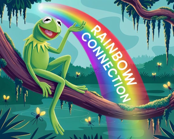 Cheerful Frog on Branch with Rainbow Over Pond