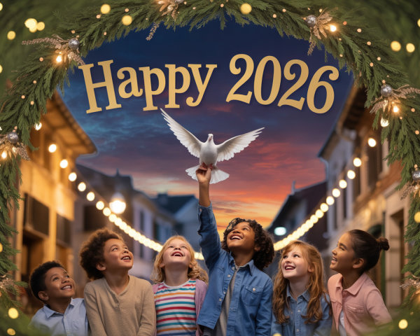 Joyful Children Gazing at a Dove Under Sunset Sky