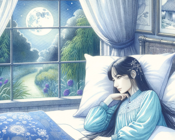 Young Woman Reflecting by Moonlit Window Scene