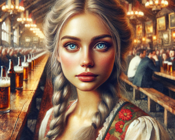 Young Woman in Traditional Outfit at Rustic Hall