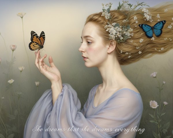 Serene Woman with Butterflies in Dreamlike Scene