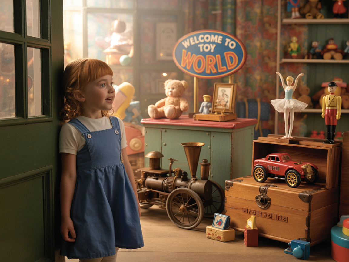 Young Girl in Colorful Vintage Toy Room