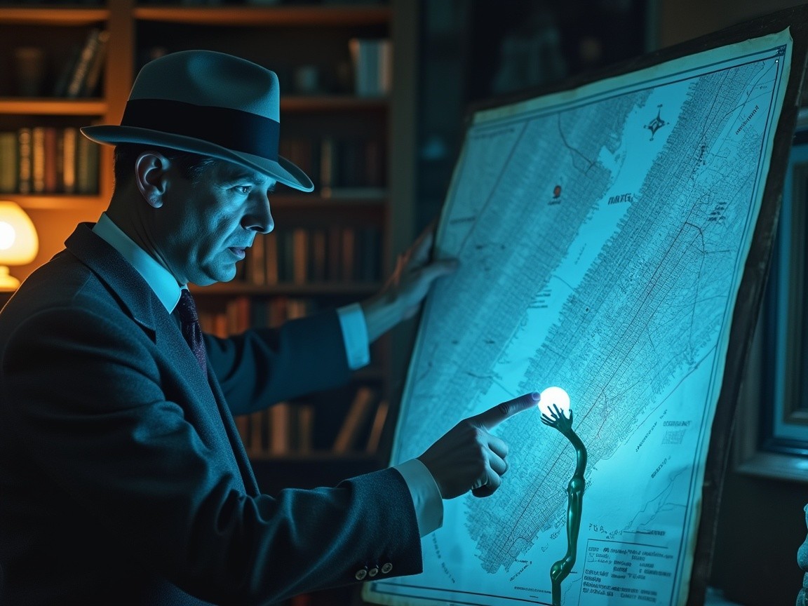 Man in Vintage Suit Analyzes Illuminated Manhattan Map