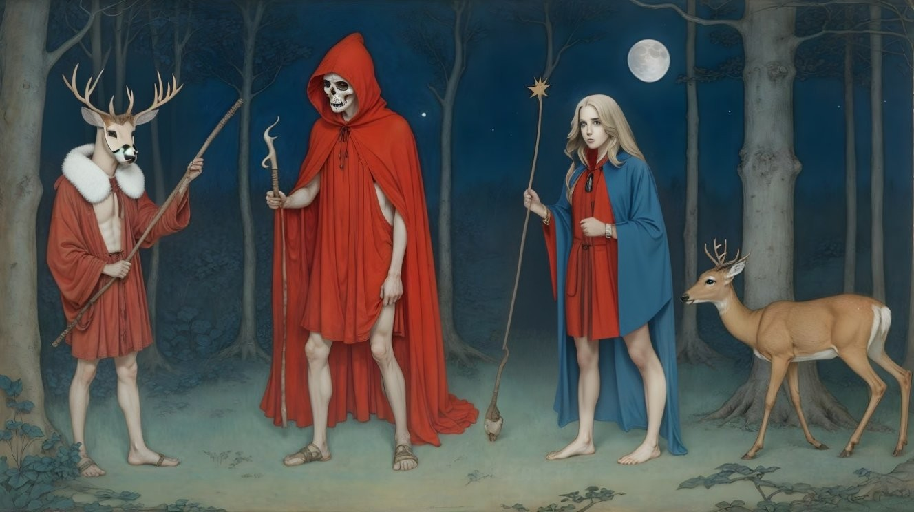 Mystical Forest Scene with Supernatural Figures