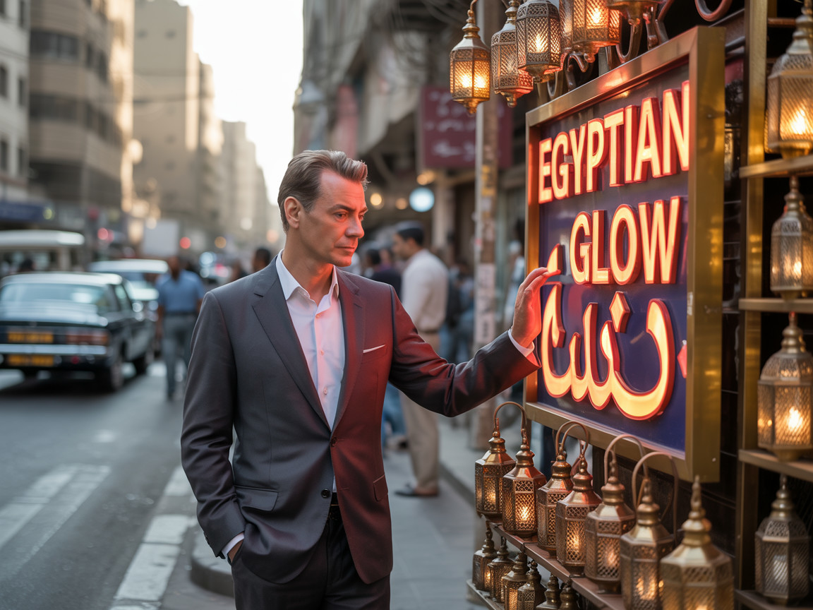 Man by "EGYPTIAN GLOW" Sign in Urban Scene