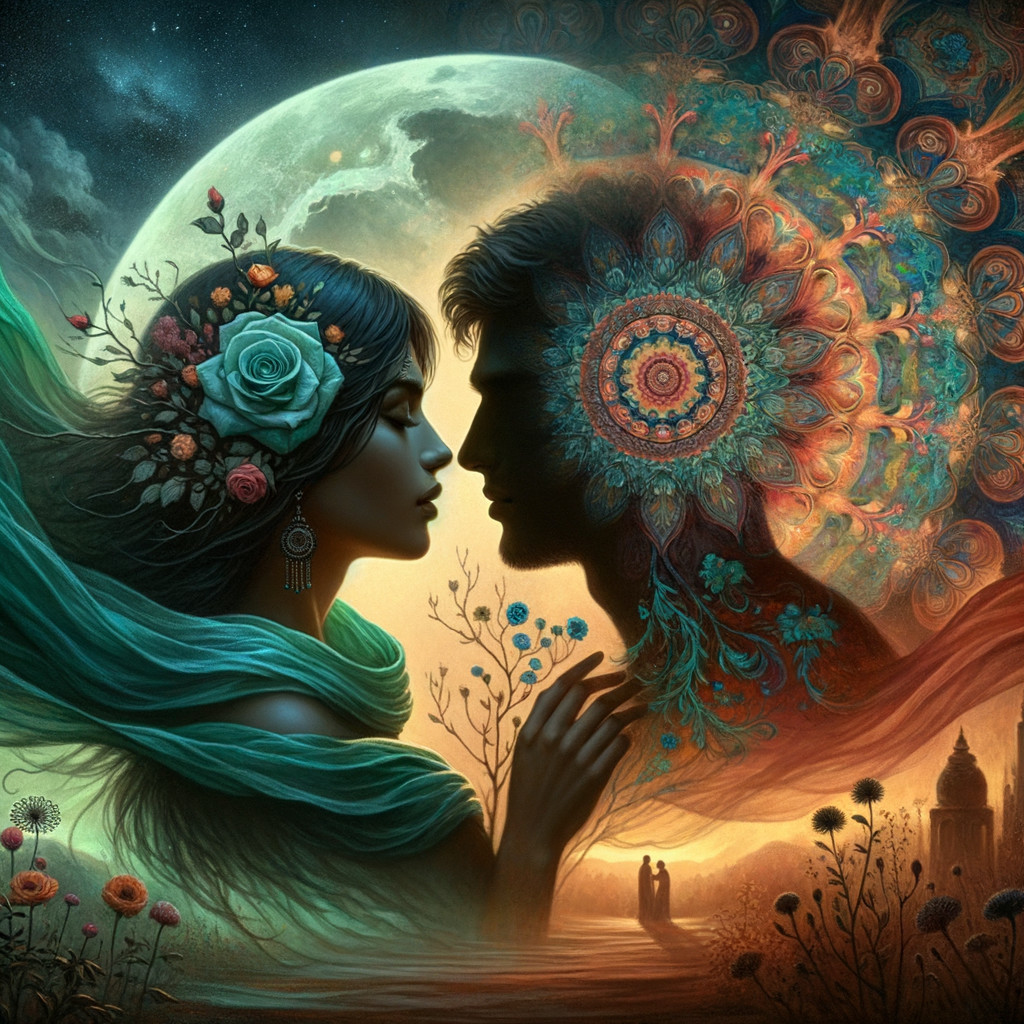 Surreal Illustration of a Romantic Couple in Nature
