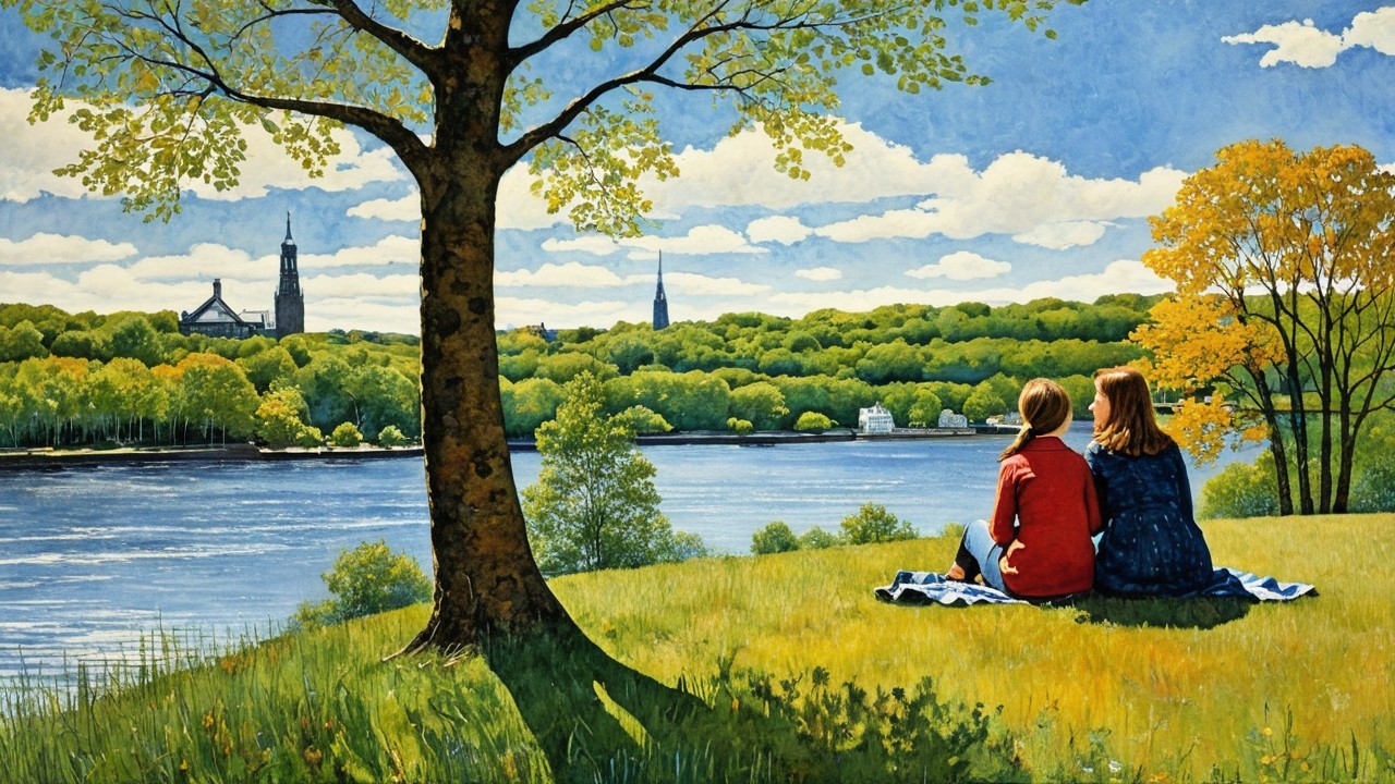 Serene Riverbank Scene with Autumn Foliage and Trees