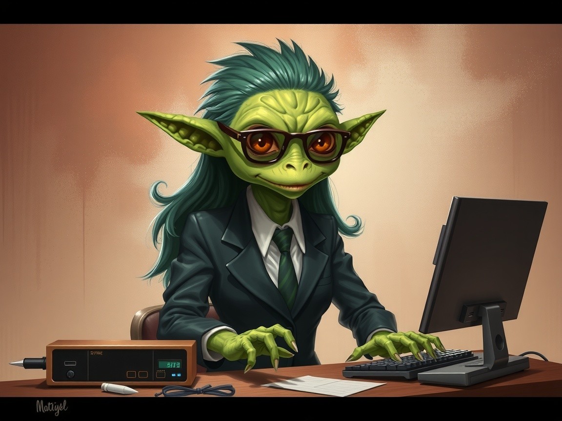 Whimsical Green-Skinned Character in Formal Attire