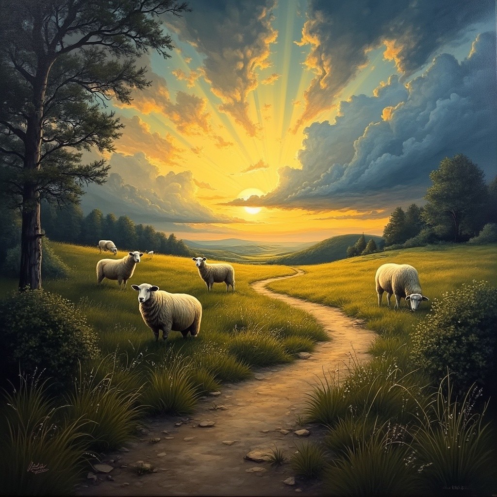 Serene Sunset Landscape with Grazing Sheep and Fields