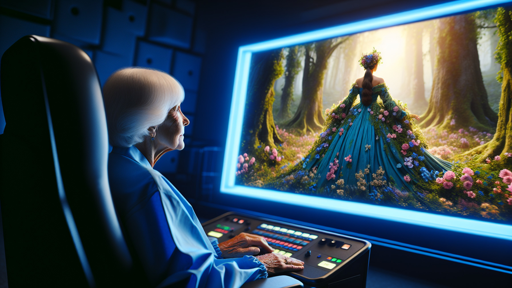 Elderly Woman Observes Animated Scene in Control Room