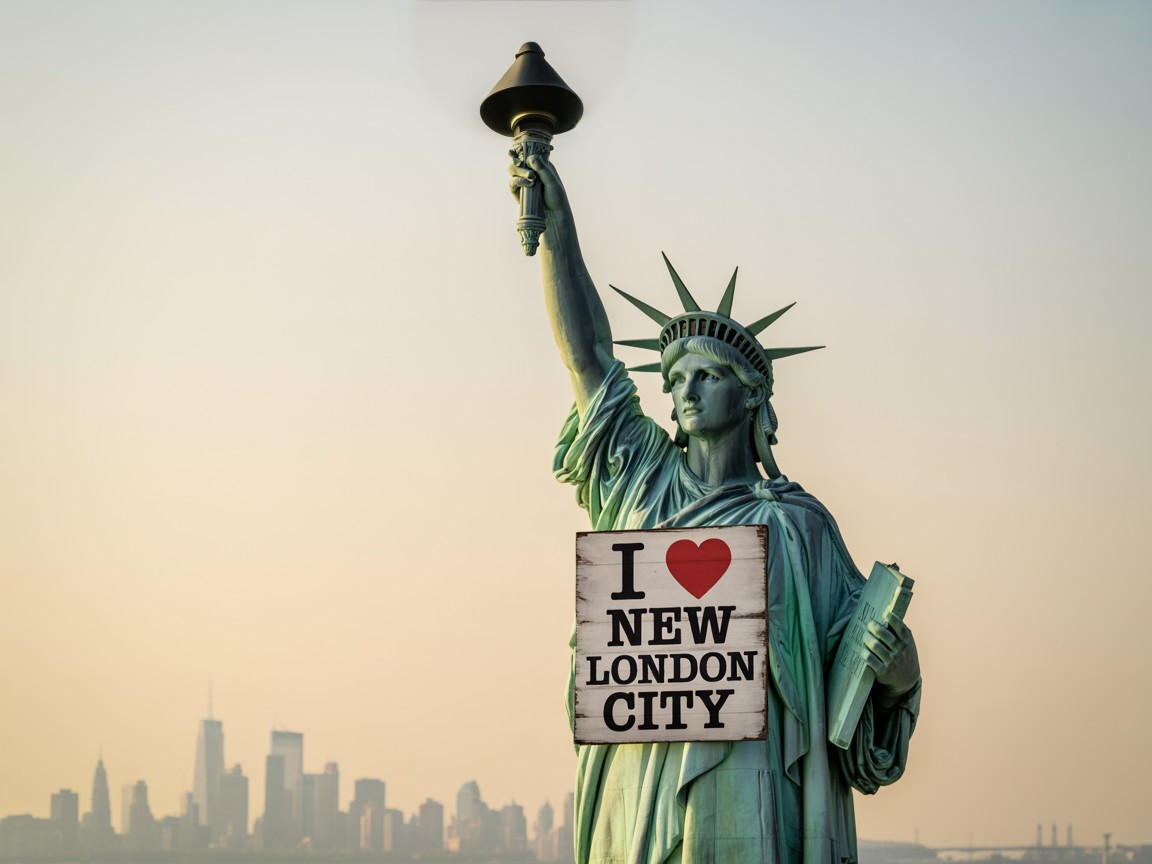 Statue of Liberty with "I ❤️ NEW LONDON CITY" Sign