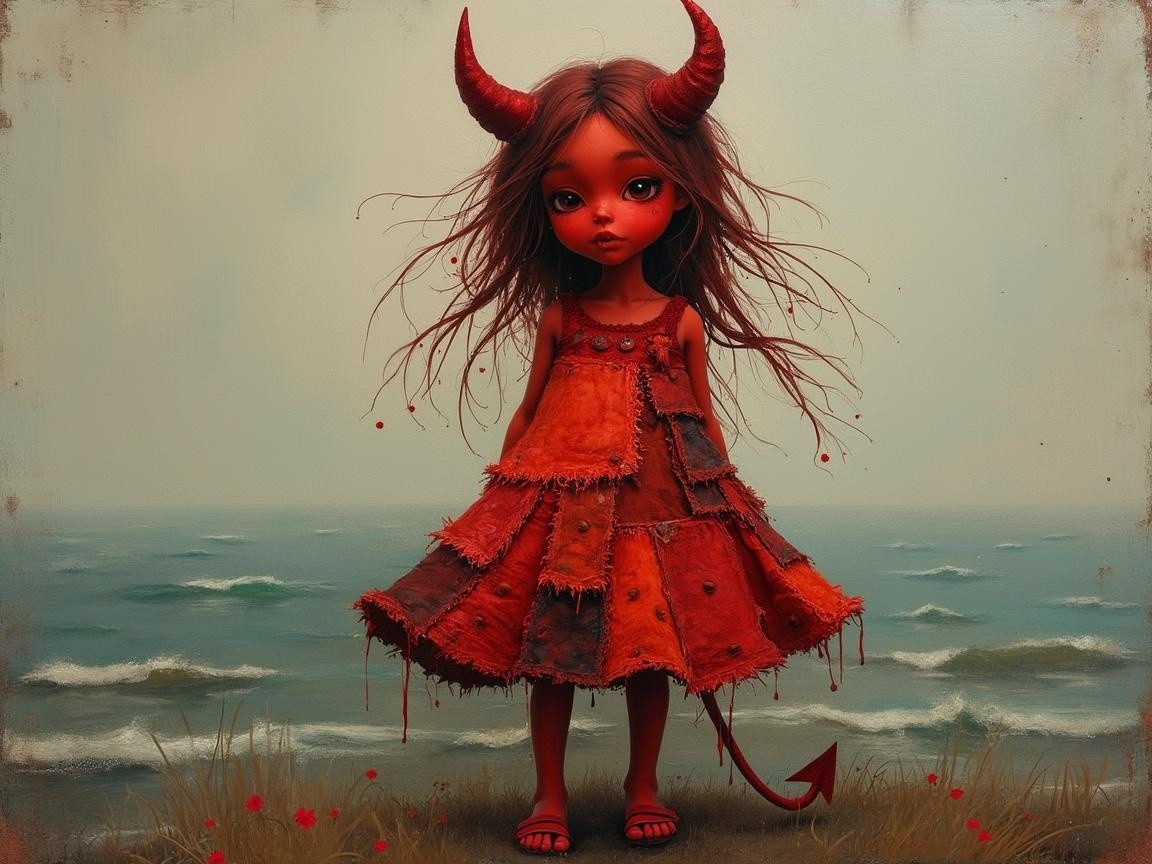 Whimsical Character on Beach with Devilish Charm