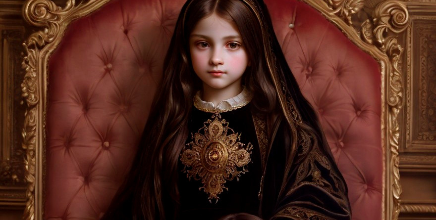 Young girl in black gown on ornate throne