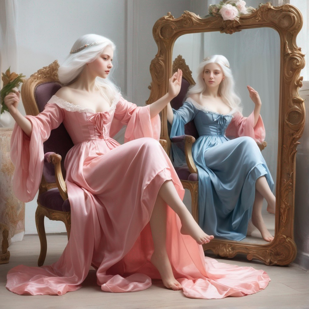 Young Woman in Pastel Gown Reflecting in Gilded Mirror