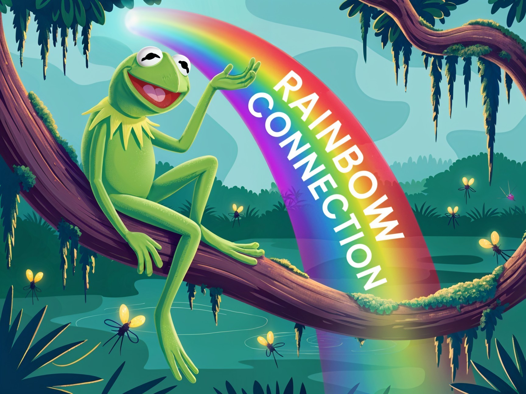 Cheerful Frog on Branch with Rainbow Over Pond