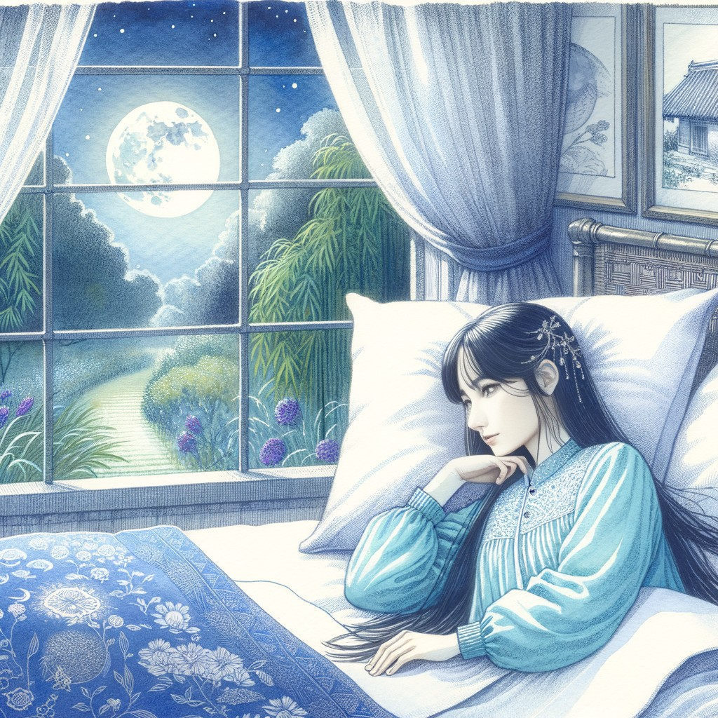 Young Woman Reflecting by Moonlit Window Scene