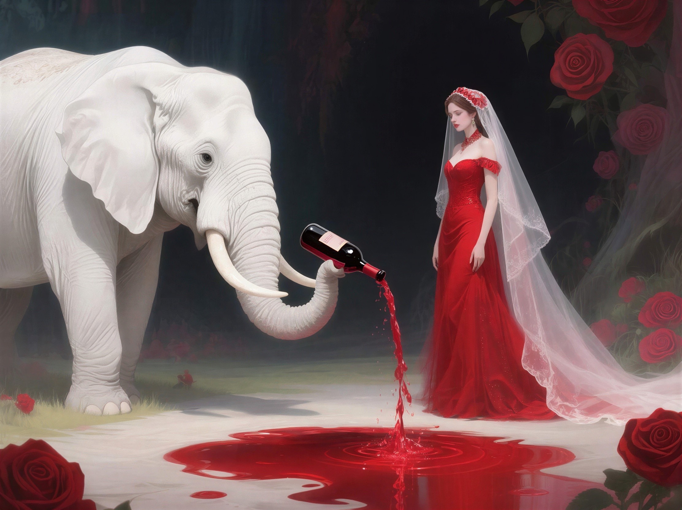 Surreal Scene of White Elephant and Somber Woman