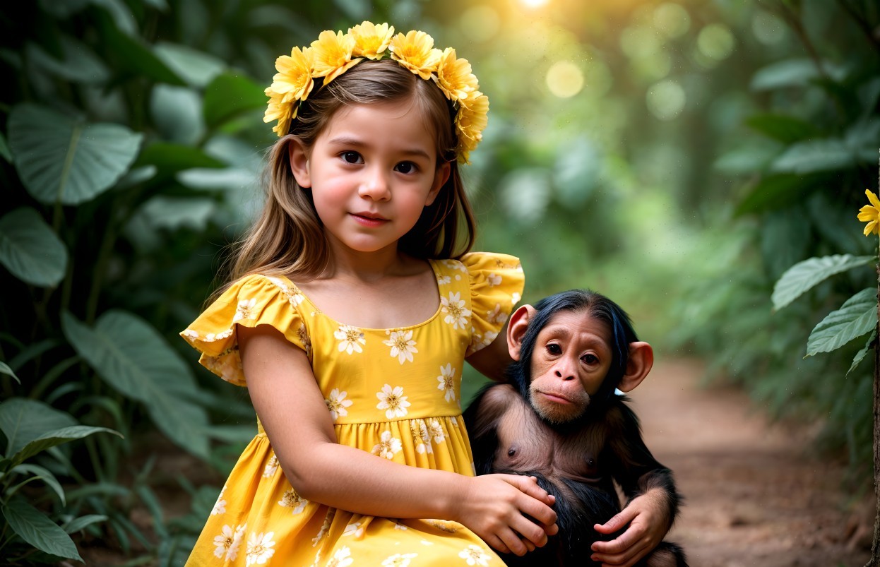 Young girl in floral dress with chimpanzee in forest