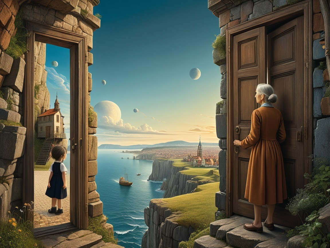 Child and Elderly Woman at Ancient Doorway Overlooking Coast