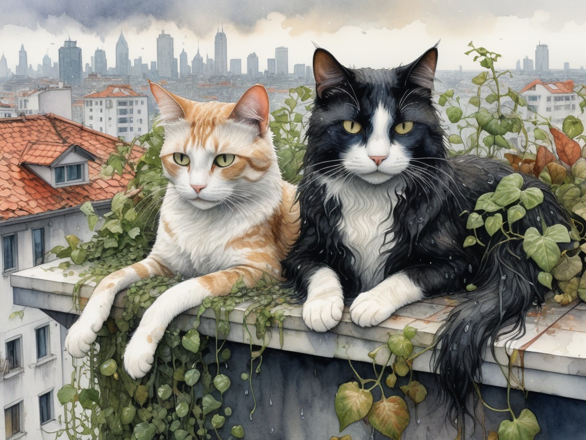Cats Relaxing on a Ledge with City Skyline View