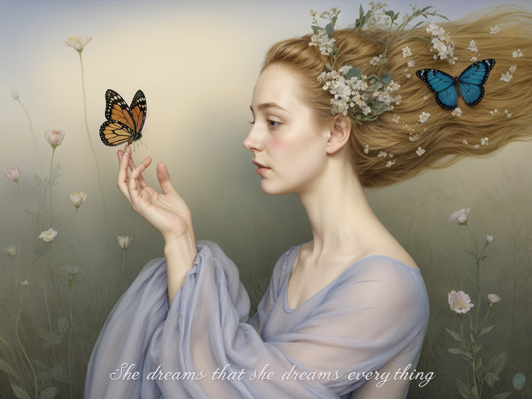 Serene Woman with Butterflies in Dreamlike Scene