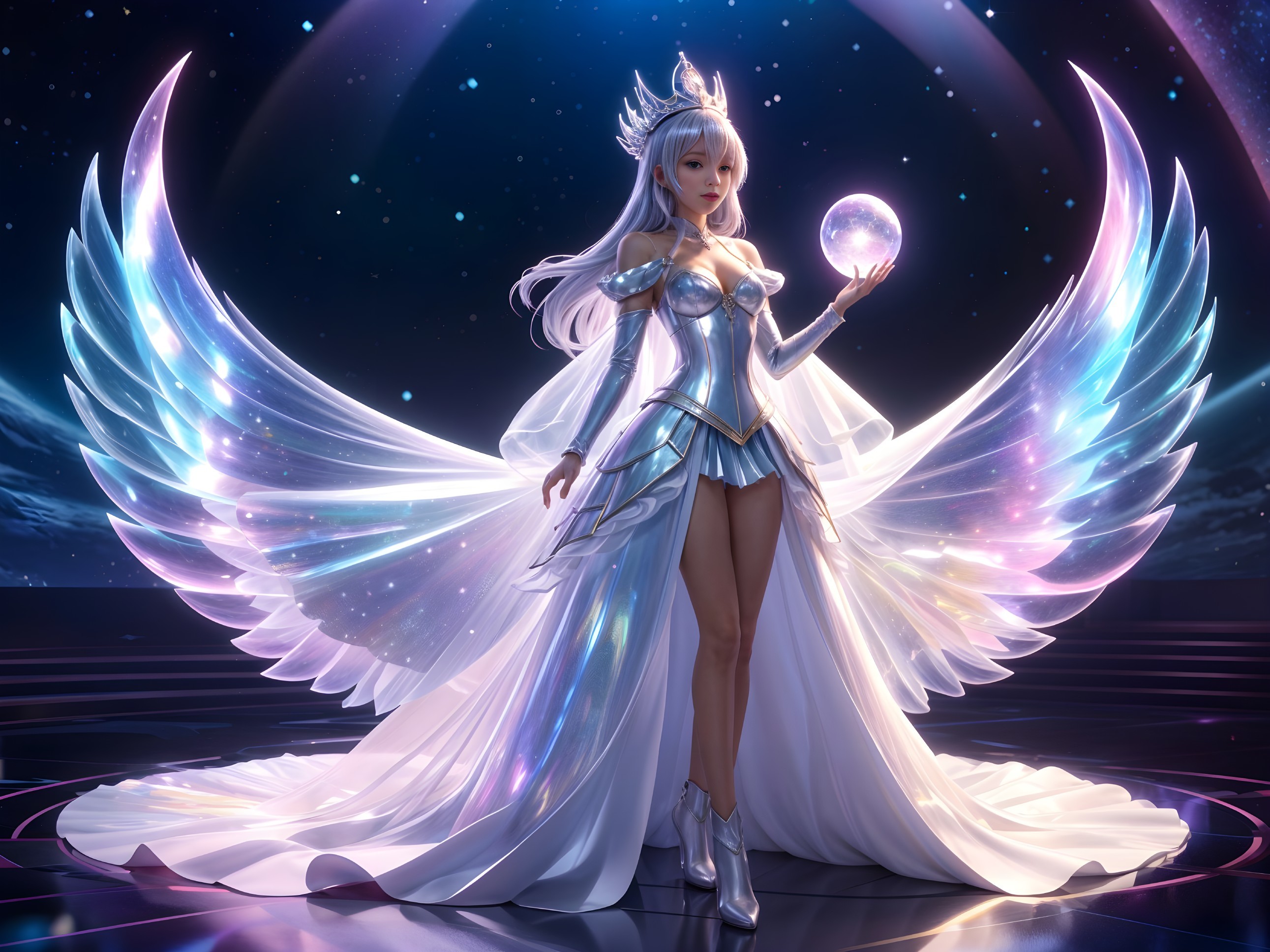 Mystical figure in silver gown with iridescent wings