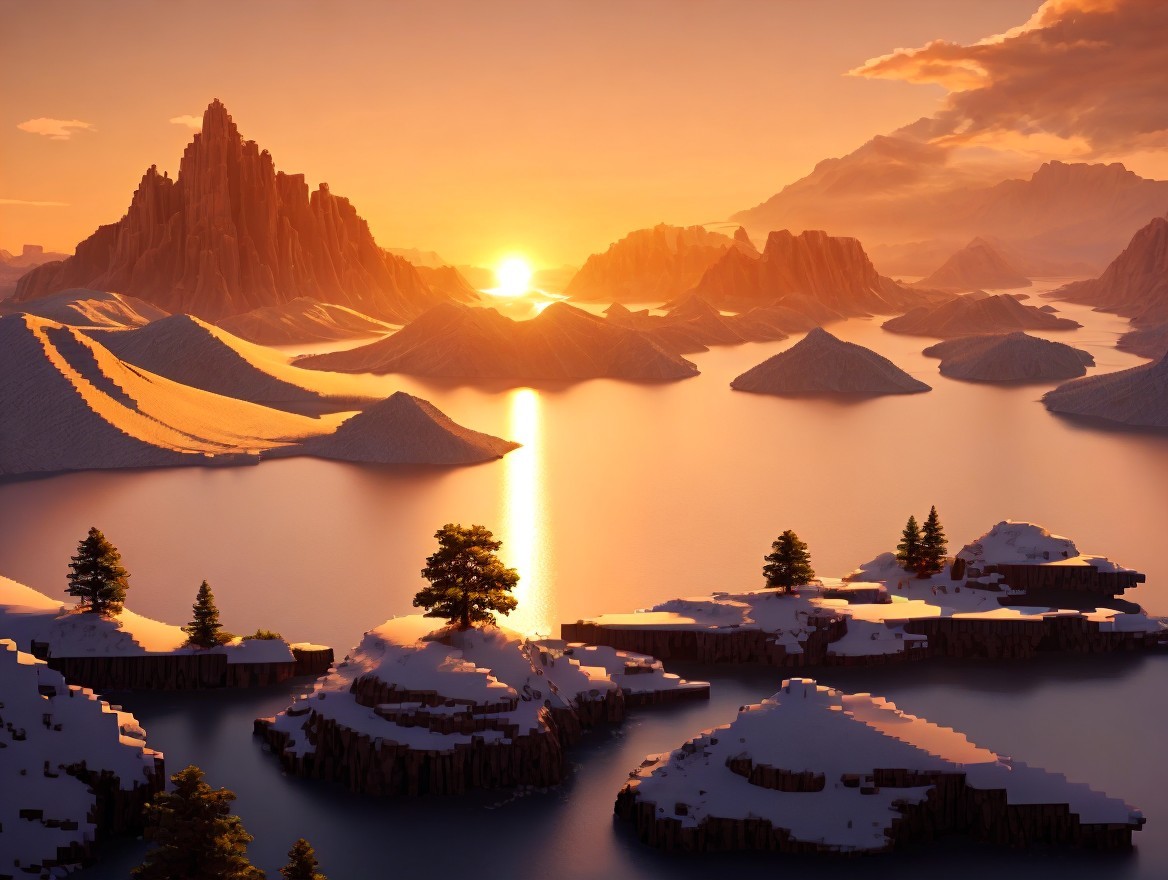 Tranquil sunset over snow-capped mountains and reflective lake