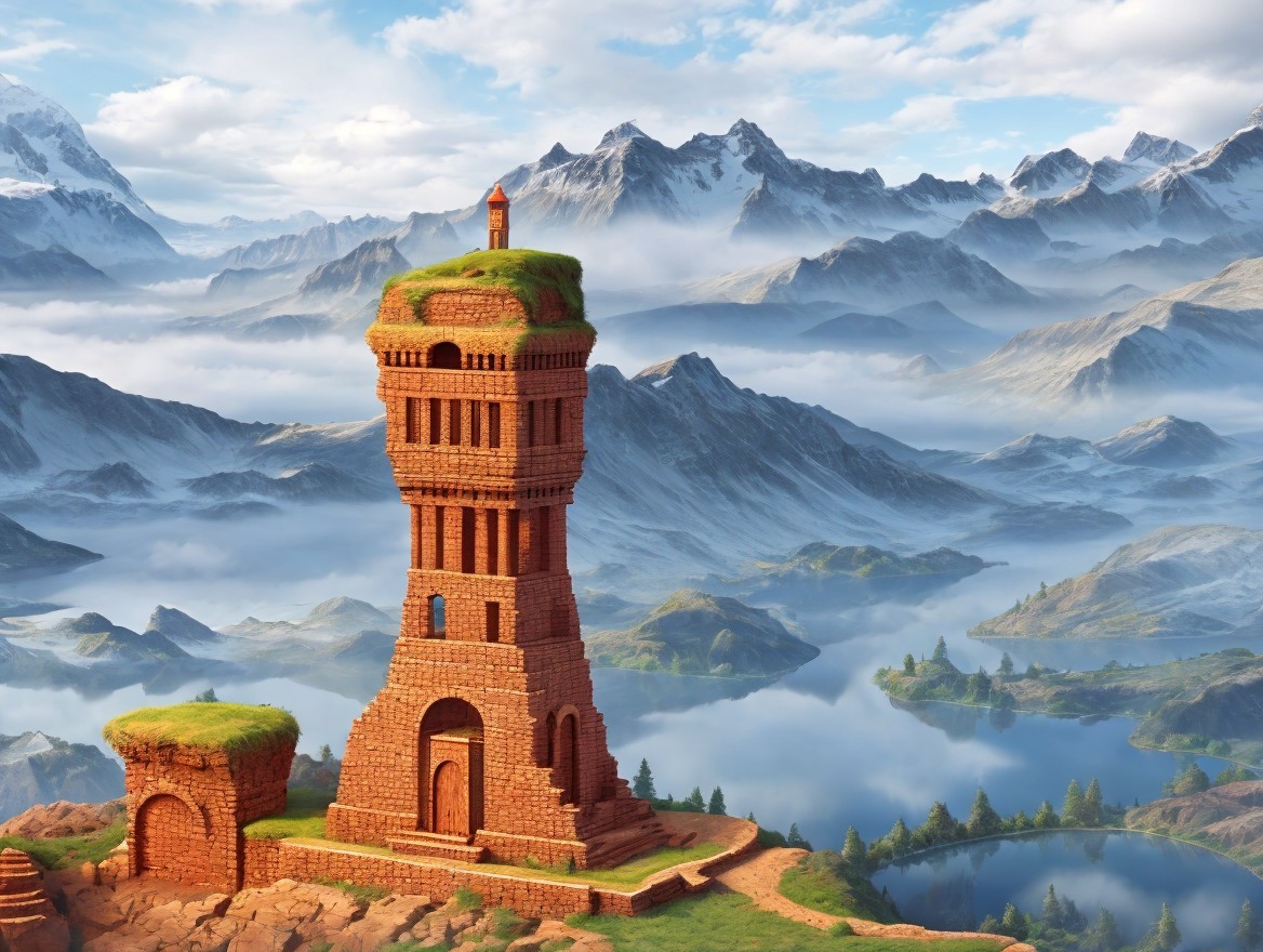 Fantastical brick tower with greenery in mystical landscape