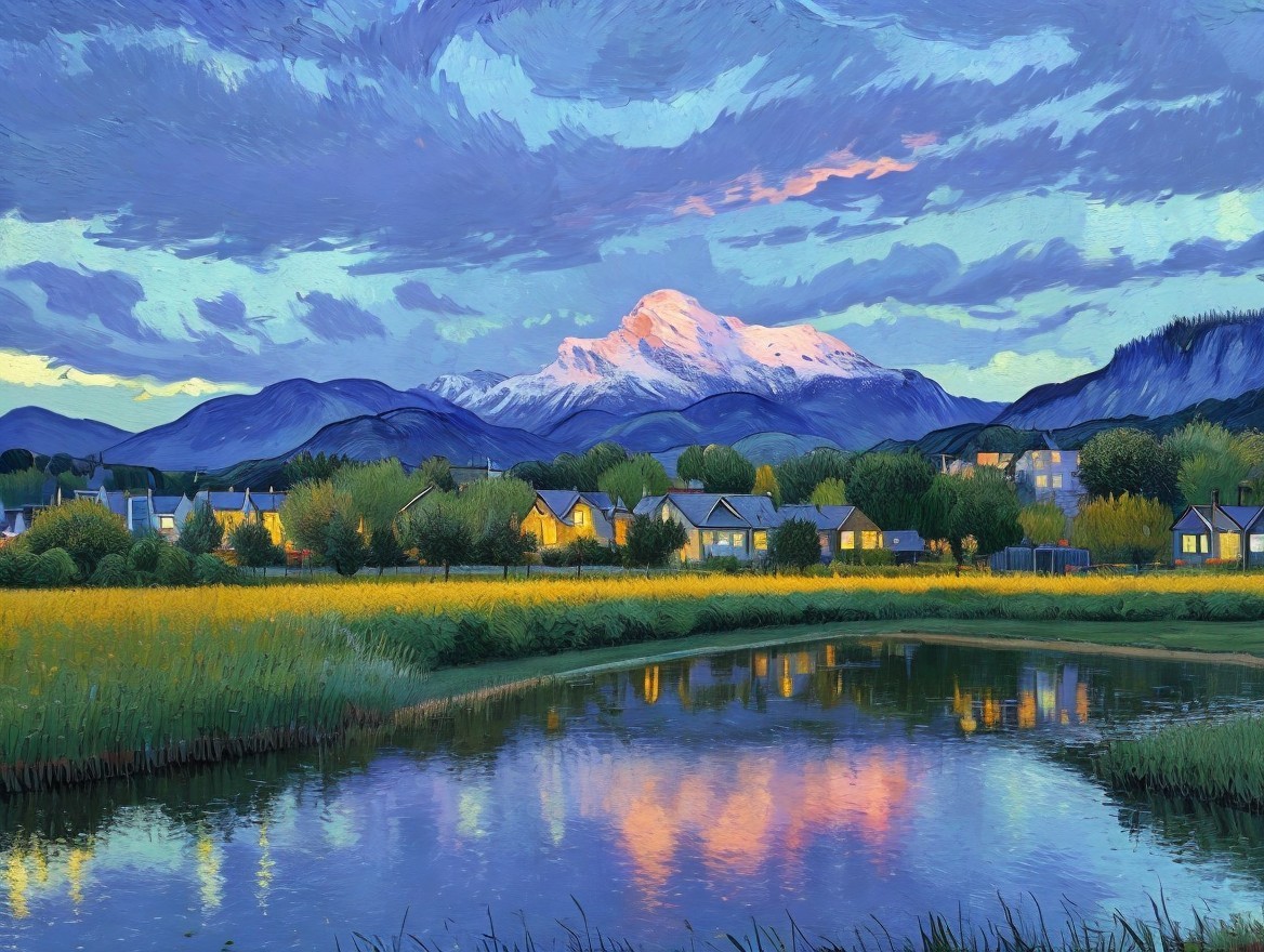 Scenic sunset painting of village by river with mountain